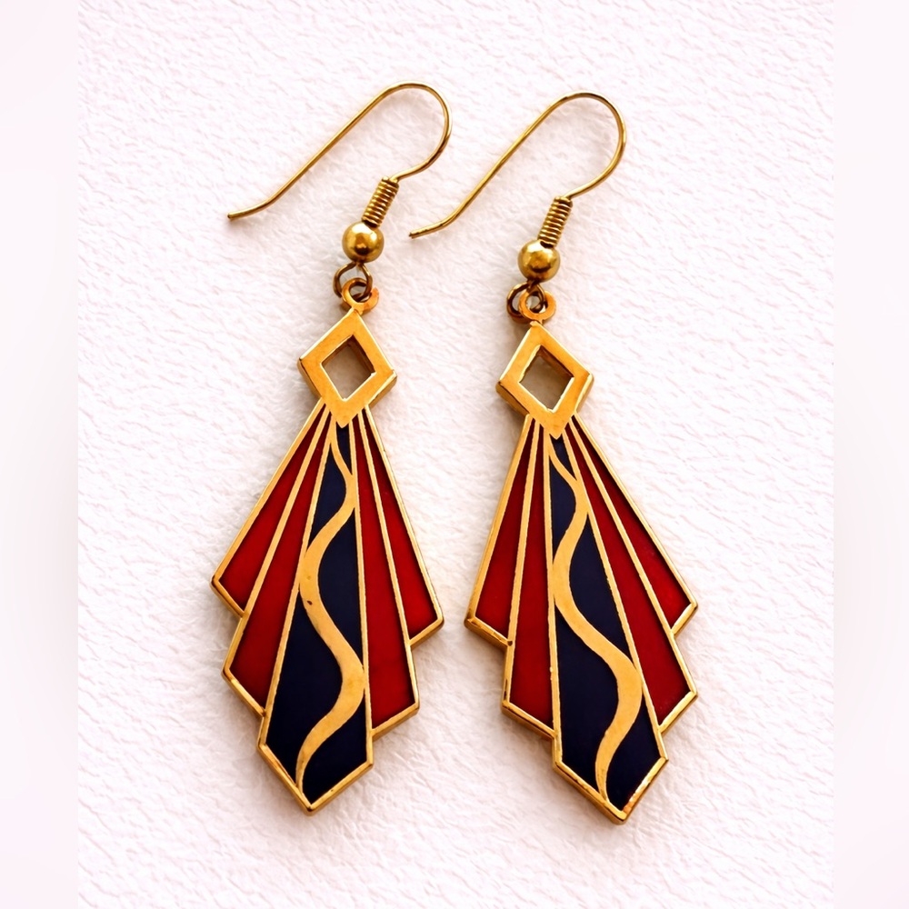 80’s Vintage Style Art Deco Red Blue Enamel Dangle Earrings Geometric Chic